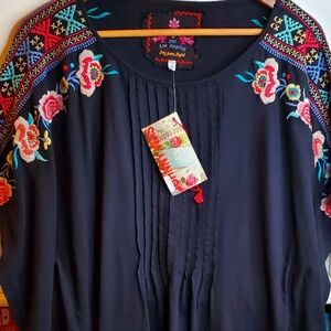 Johnny Was EMBROIDERED ROSE Floral Black Blouse NEW NWT